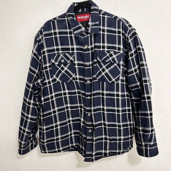 Wrangler Men's L Blue White Plaid Flannel Quilted Button Up Jacket. Lumberjack. - Picture 1 of 9